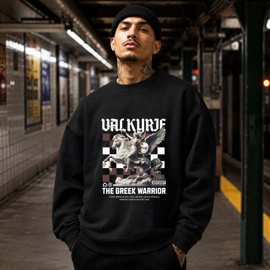 Valkyrie the Greek Warrior Horse Sweatshirt – Gothic Streetwear Poster Graphic Sweatshirt - Color: black