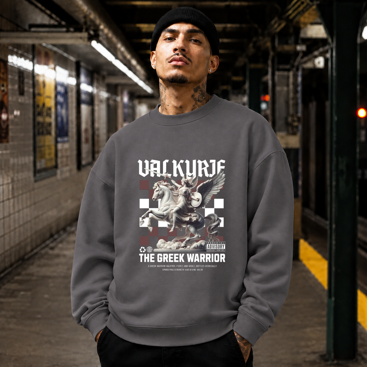Valkyrie the Greek Warrior Horse T-Shirt – Gothic Streetwear Poster Graphic Tee - Color: charcoal