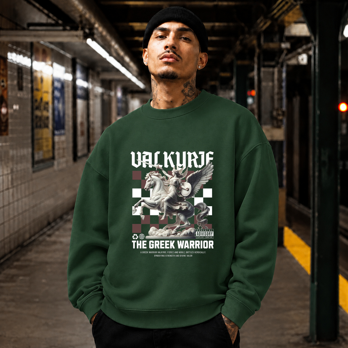 Valkyrie the Greek Warrior Horse T-Shirt – Gothic Streetwear Poster Graphic Tee - Color: forest green