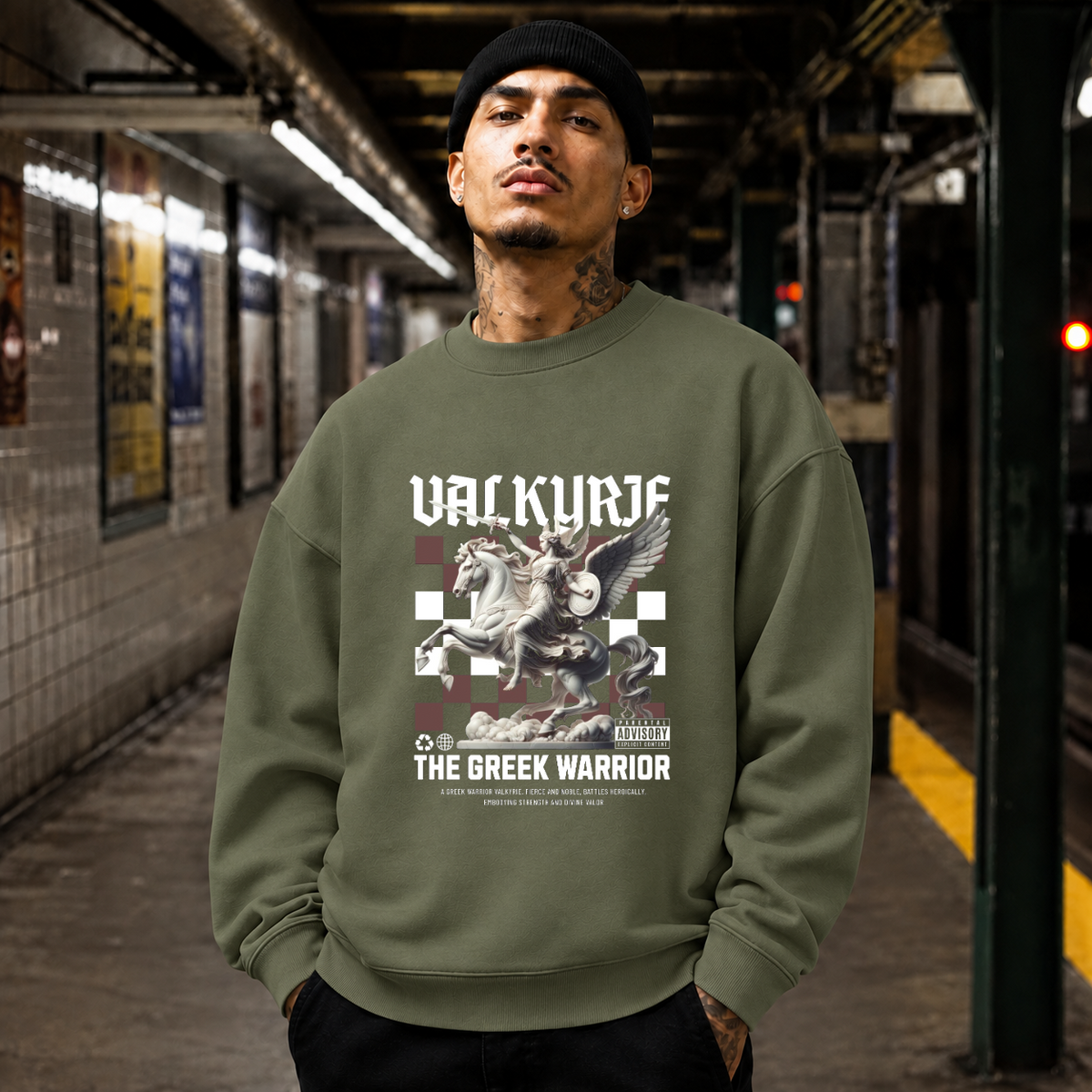 Valkyrie the Greek Warrior Horse T-Shirt – Gothic Streetwear Poster Graphic Tee - Color: military green