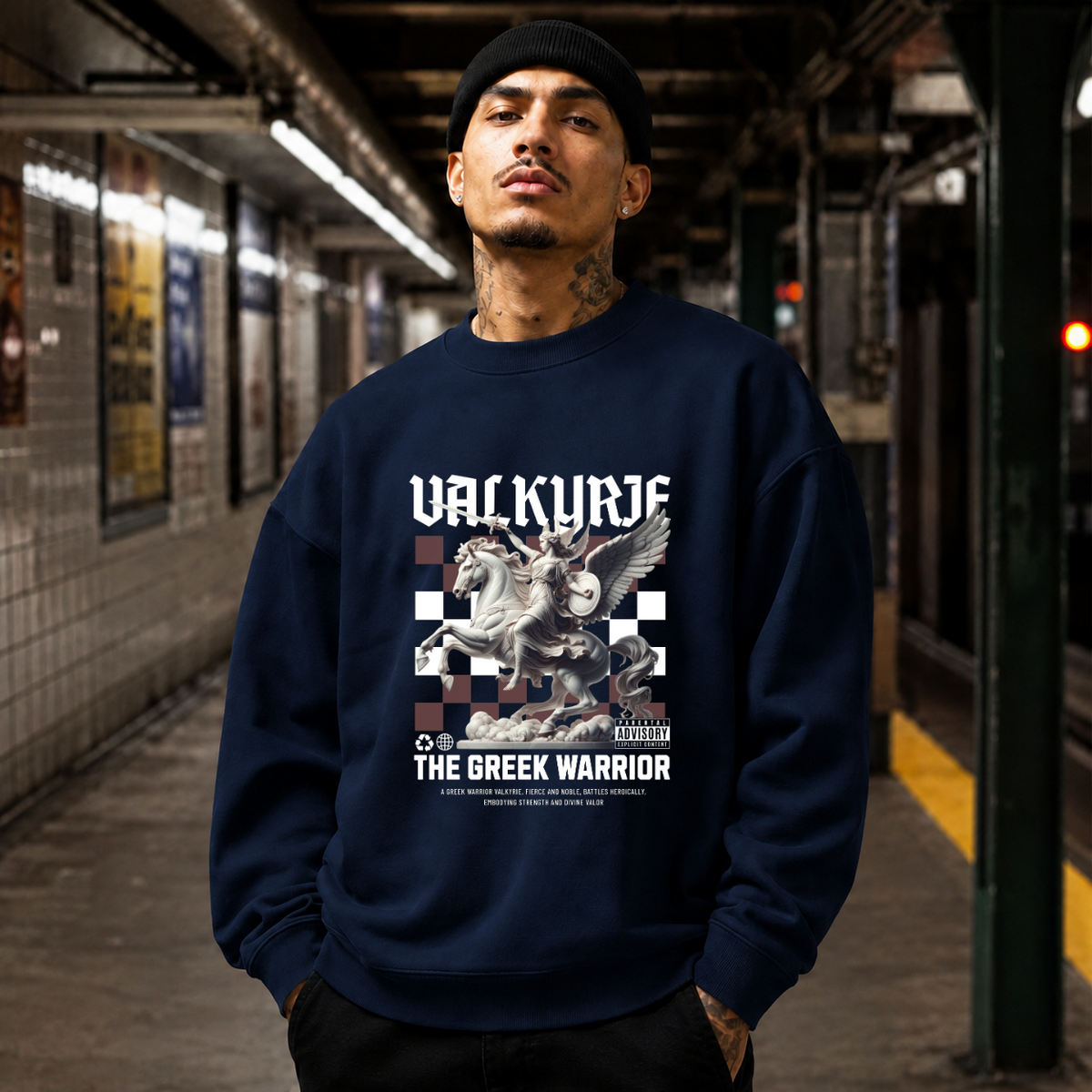 Valkyrie the Greek Warrior Horse T-Shirt – Gothic Streetwear Poster Graphic Tee - Color: navy