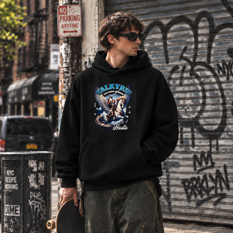 Valkyrie Warrior Greek Pegasus Hoodie – Gothic Streetwear Poster Graphic Hoodie - Color: black