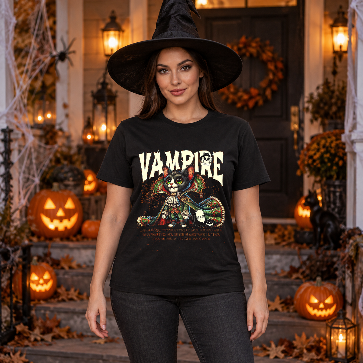 Vampire Cat Halloween Feline Spooky Kitty T-Shirt – Skull & Reaper Gothic Graphic Graphic Tee - Color: black
