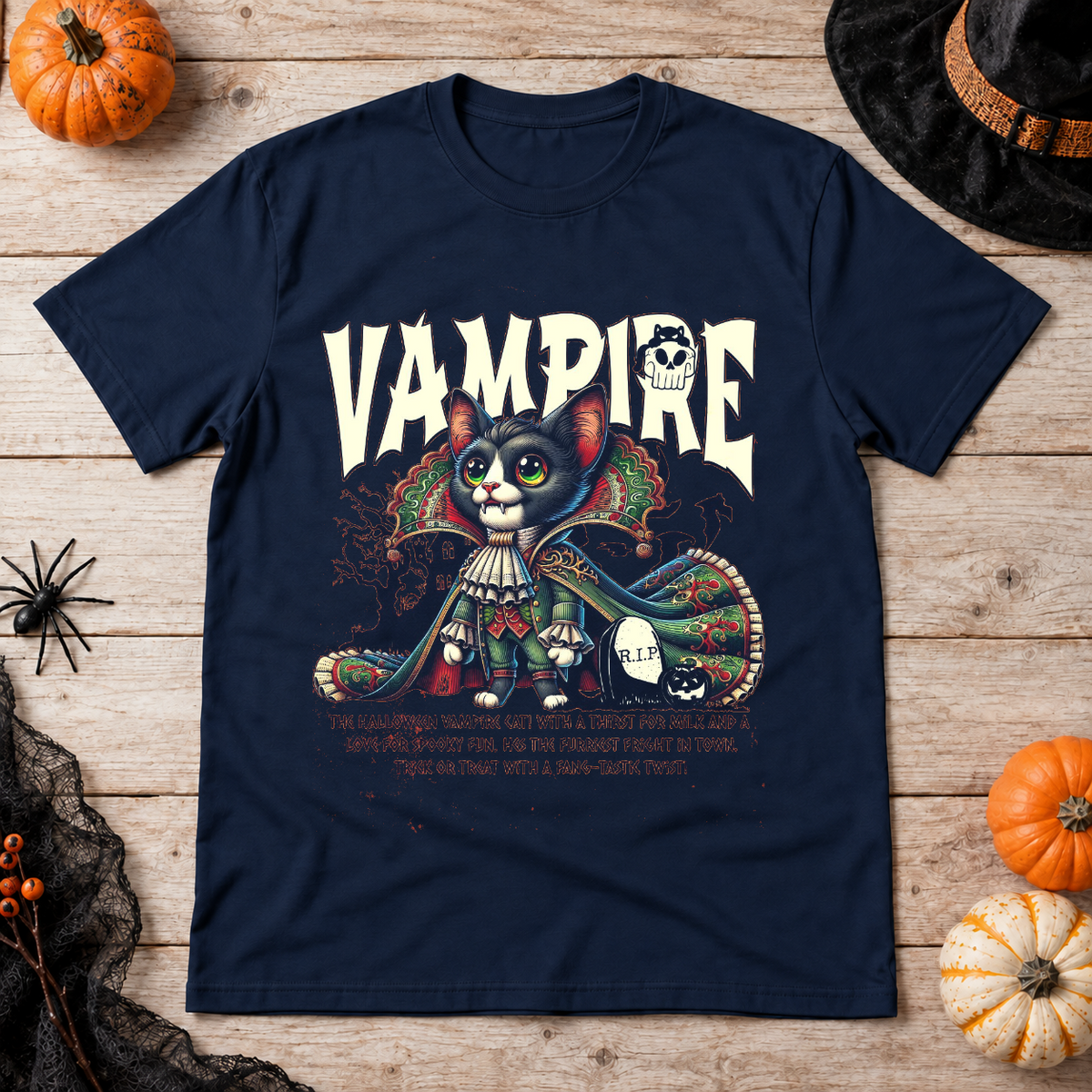 Vampire Cat Halloween Feline Spooky Kitty T-Shirt – Skull & Reaper Gothic Graphic Graphic Tee - Color: navy