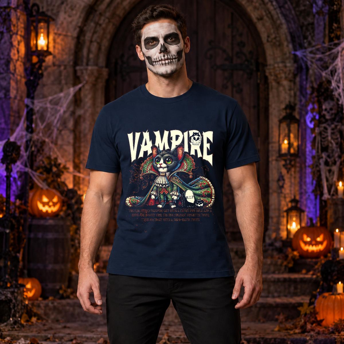 Vampire Cat Halloween Feline Spooky Kitty T-Shirt – Skull & Reaper Gothic Graphic Graphic Tee - Color: navy