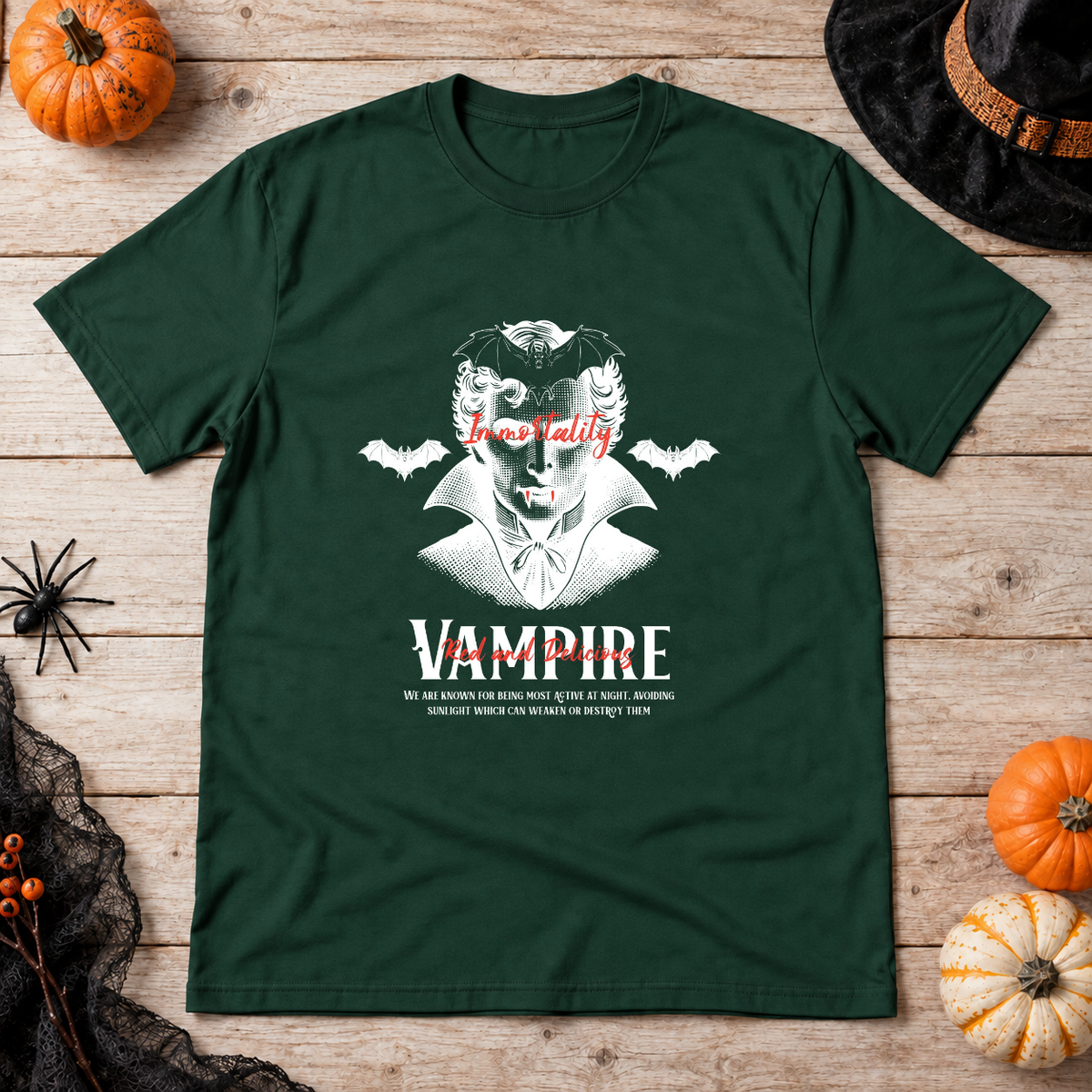 Vampire Immortality T-Shirt – Dark Gothic Halloween Graphic Graphic Tee - Color: forest green