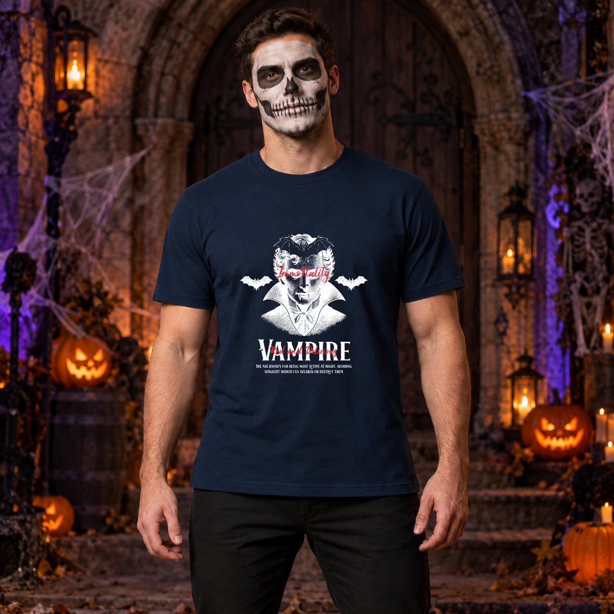 Vampire Immortality T-Shirt – Dark Gothic Halloween Graphic Graphic Tee - Color: navy