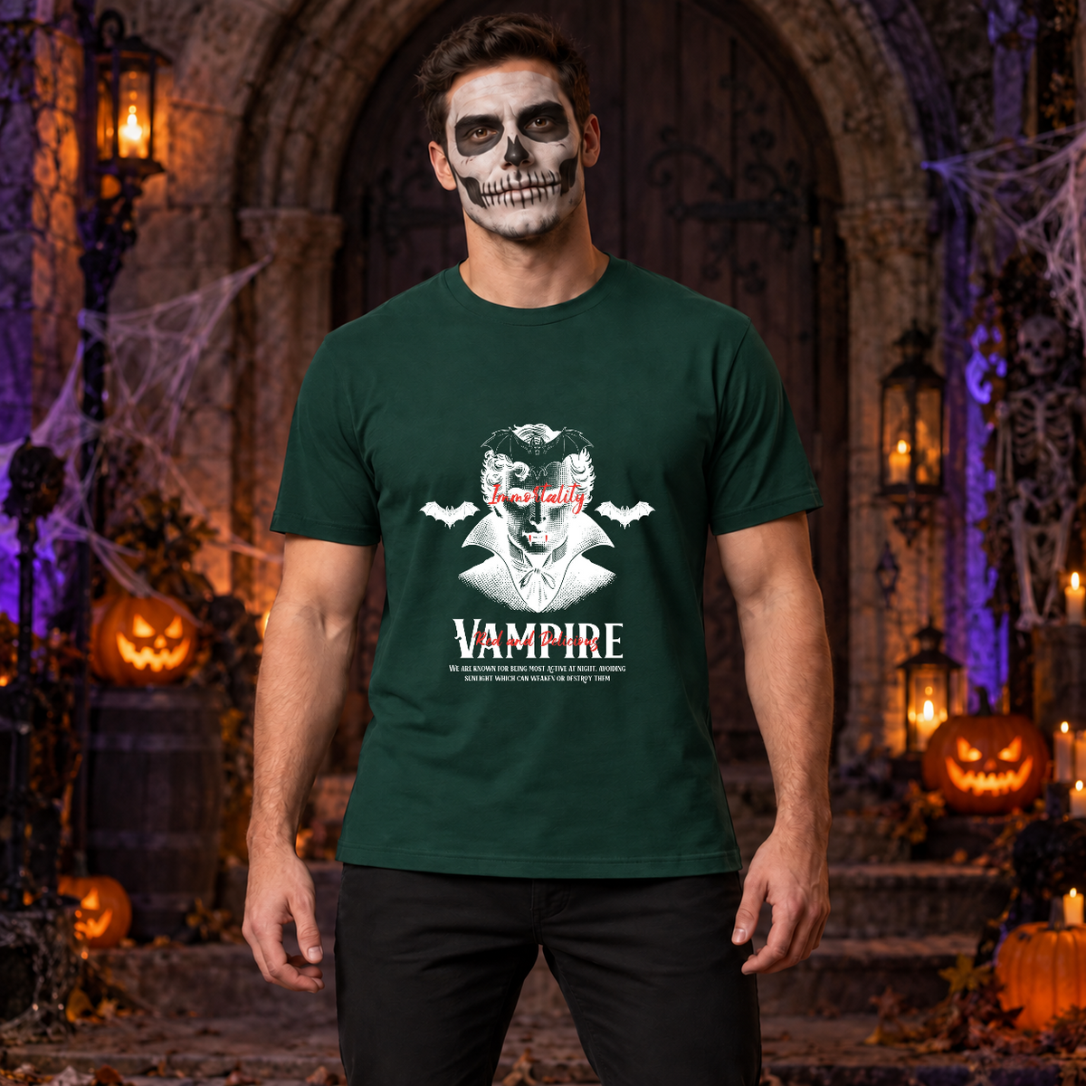 Vampire Immortality T-Shirt – Skull & Reaper Gothic Graphic Graphic Tee - Color: forest green