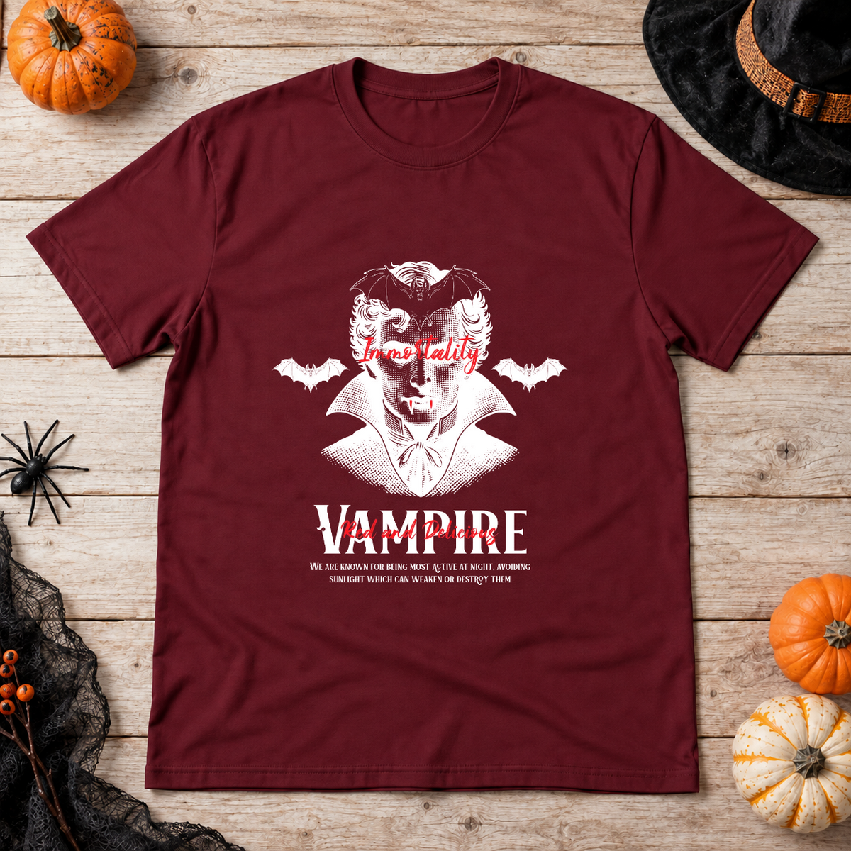 Vampire Immortality T-Shirt – Skull & Reaper Gothic Graphic Graphic Tee - Color: maroon