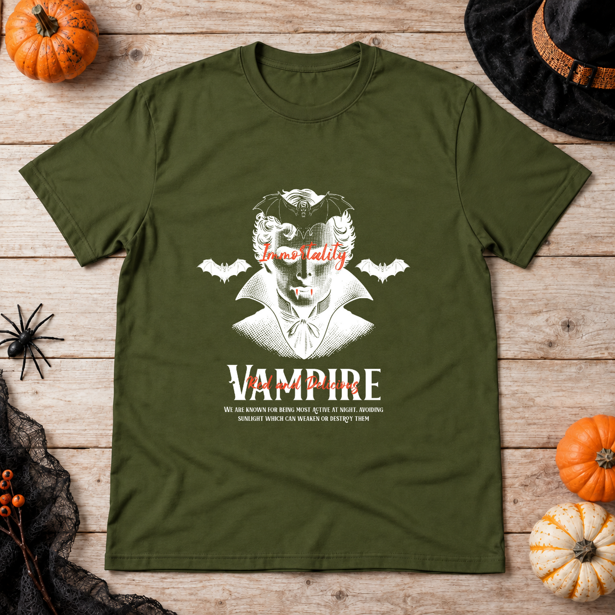 Vampire Immortality T-Shirt – Skull & Reaper Gothic Graphic Graphic Tee - Color: military green
