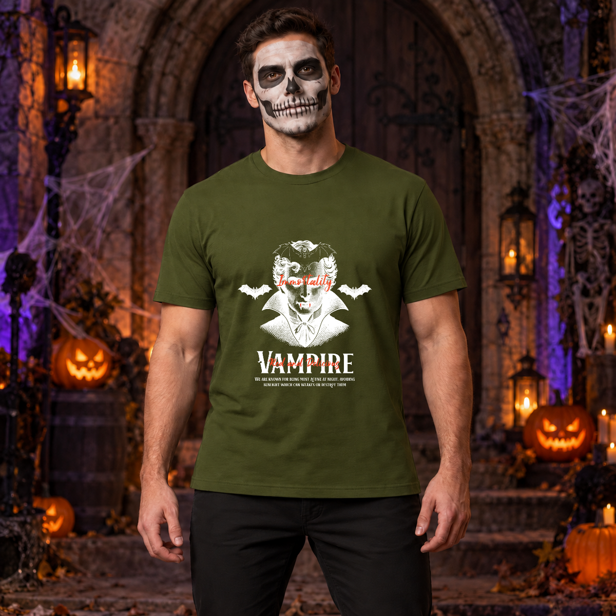 Vampire Immortality T-Shirt – Skull & Reaper Gothic Graphic Graphic Tee - Color: military green