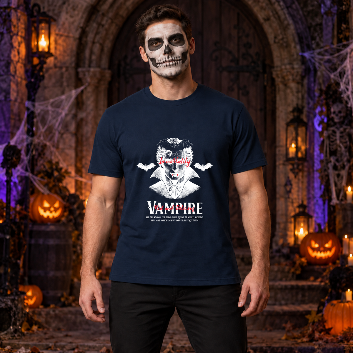 Vampire Immortality T-Shirt – Skull & Reaper Gothic Graphic Graphic Tee - Color: navy