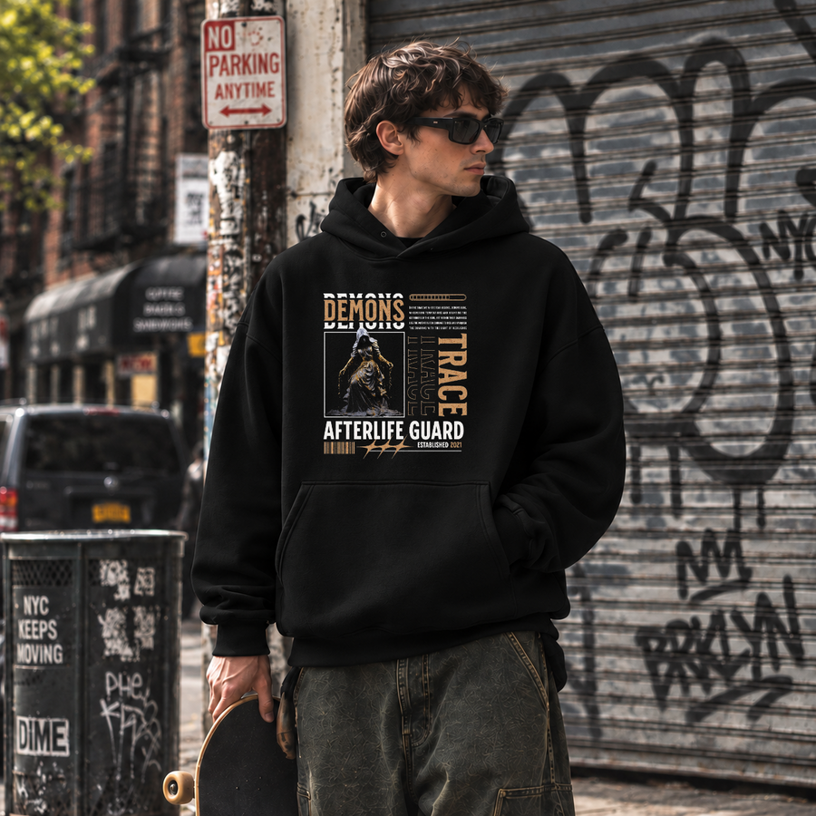 Vintage Statue Demons Afterlife Guard Hoodie – Religious Imagery Collage Graphic Hoodie - Color: black