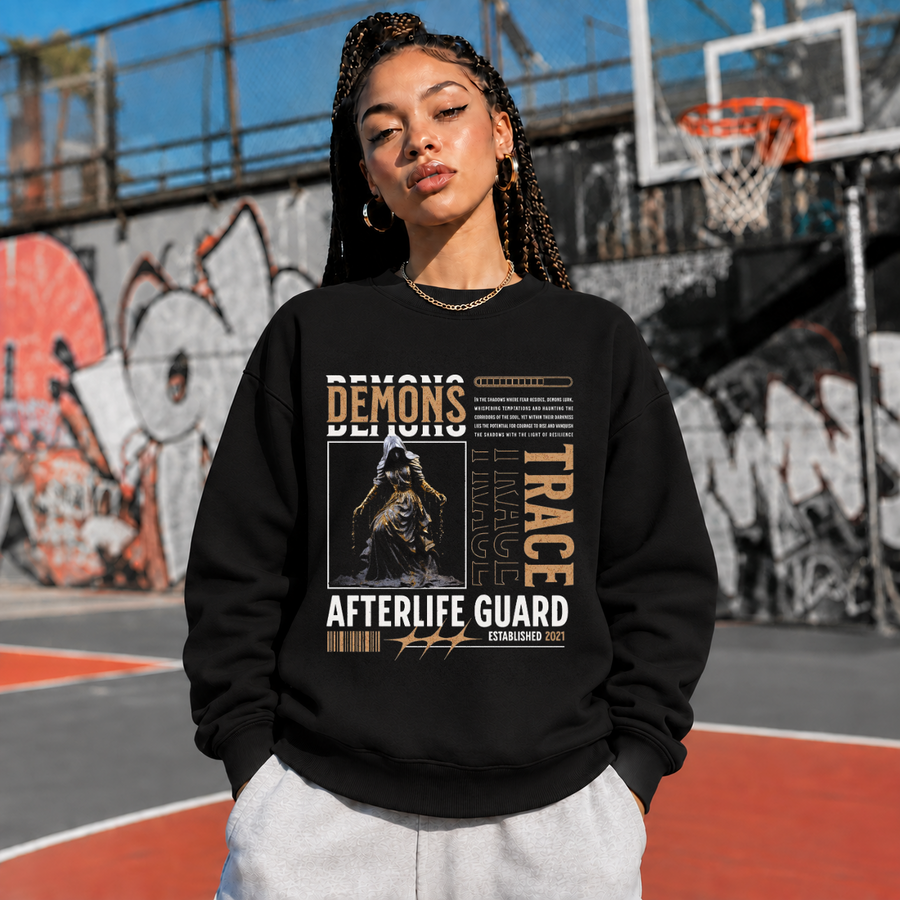 Vintage Statue Demons Afterlife Guard Sweatshirt – Religious Imagery Collage Graphic Sweatshirt - Color: black