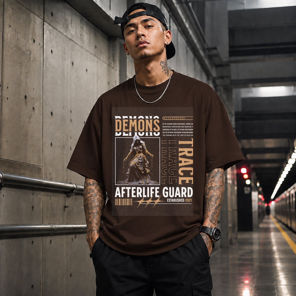 Vintage Statue Demons Afterlife Guard T-Shirt – Religious Imagery Collage Graphic Tee - Color: Dark Chocolate