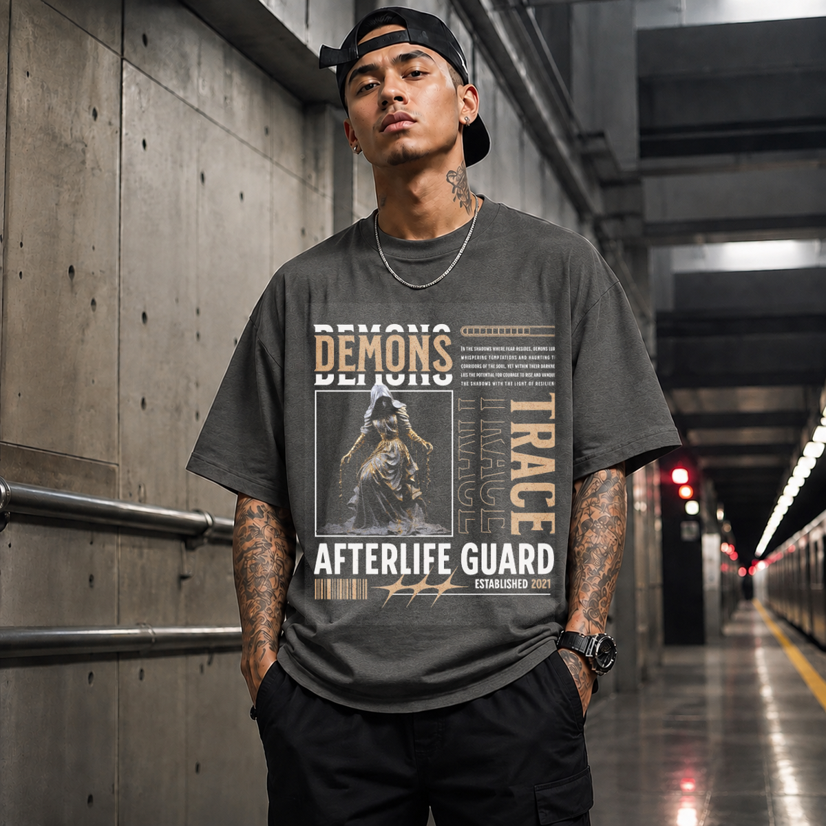 Vintage Statue Demons Afterlife Guard T-Shirt – Religious Imagery Collage Graphic Tee - Color: Dark Heather