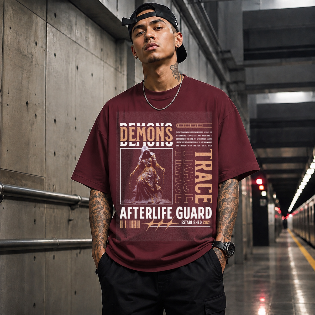 Vintage Statue Demons Afterlife Guard T-Shirt – Religious Imagery Collage Graphic Tee - Color: Maroon