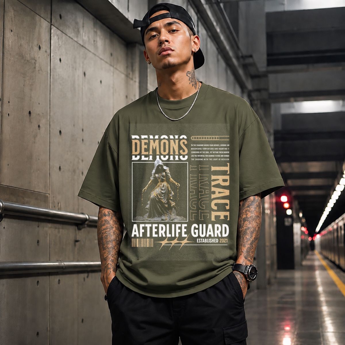 Vintage Statue Demons Afterlife Guard T-Shirt – Religious Imagery Collage Graphic Tee - Color: Military Green