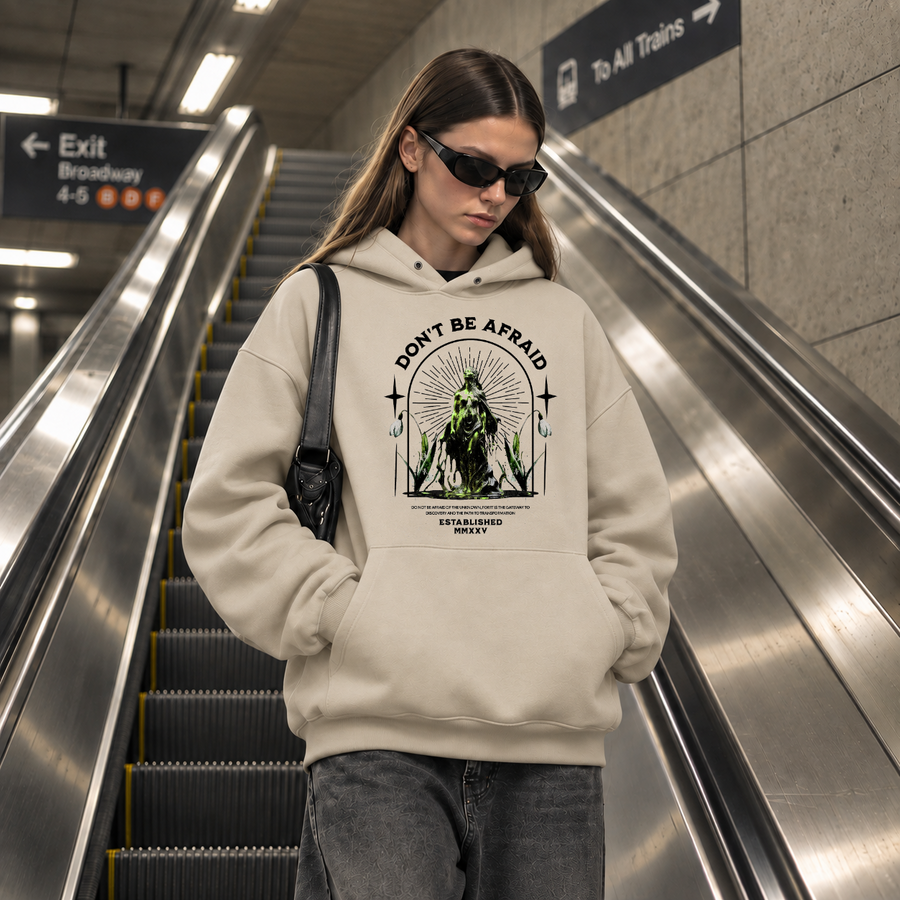 Vintage Statue Quote Don't Be Afraid Hoodie – Dark Art / Renaissance Aesthetic Graphic Hoodie - Color: sand