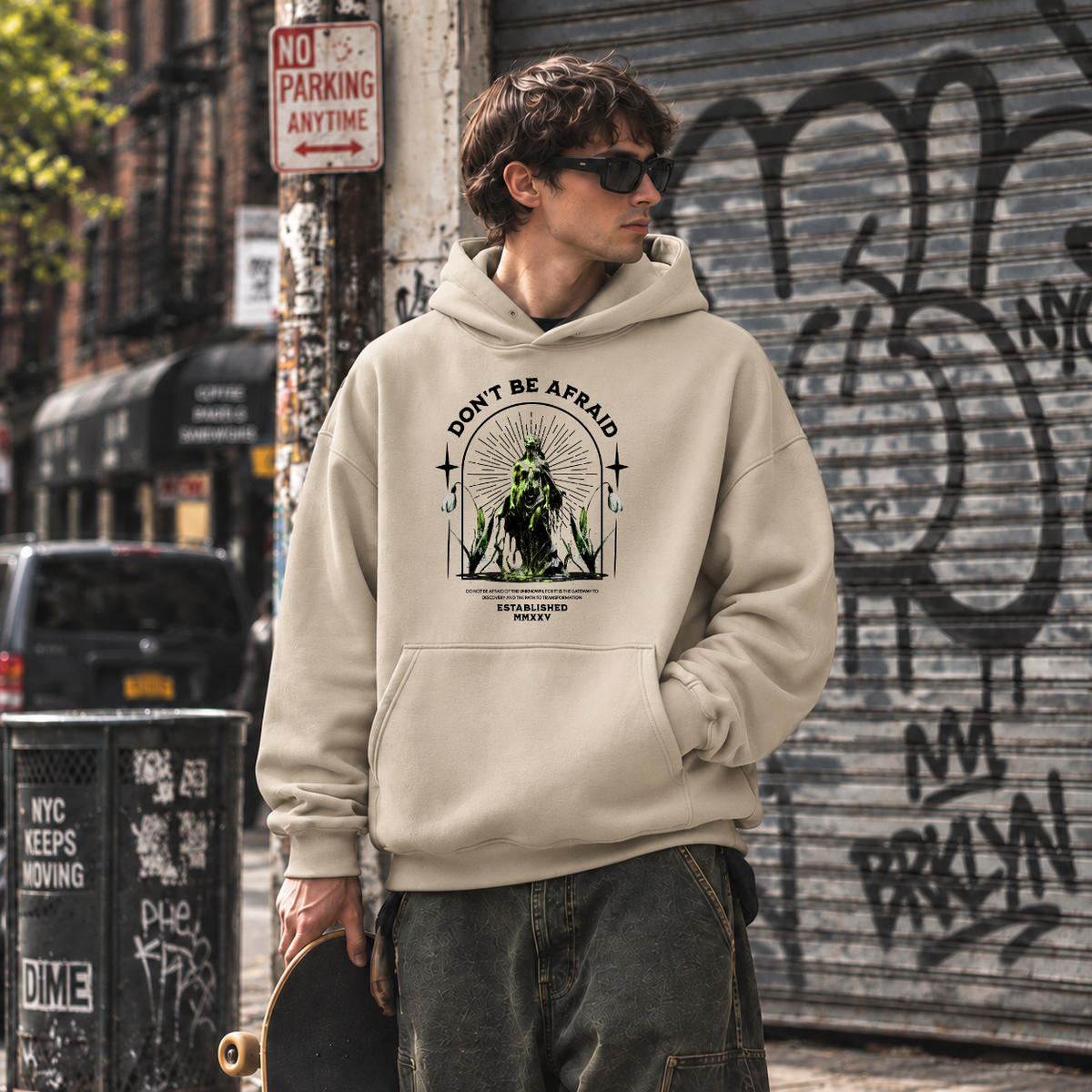 Vintage Statue Quote Don't Be Afraid Hoodie – Dark Art / Renaissance Aesthetic Graphic Hoodie - Color: sand