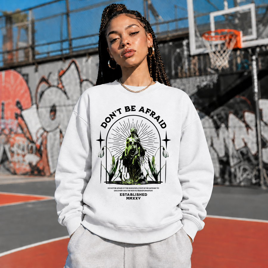 Vintage Statue Quote Don't Be Afraid Sweatshirt – Dark Art / Renaissance Aesthetic Graphic Sweatshirt - Color: ash