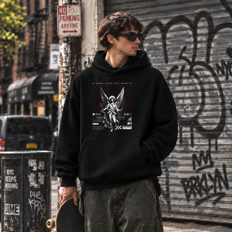 Vintage Virtue Angel Hoodie – Gothic Streetwear Poster Graphic Hoodie - Color: black