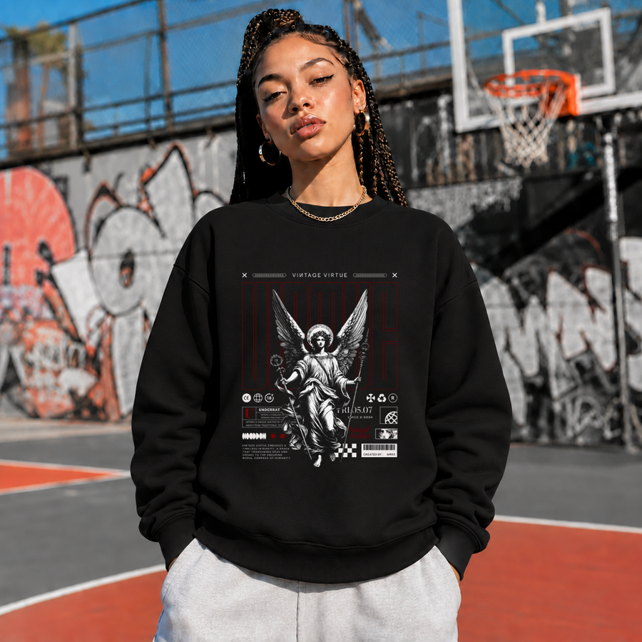 Vintage Virtue Angel Sweatshirt – Gothic Streetwear Poster Graphic Sweatshirt - Color: black