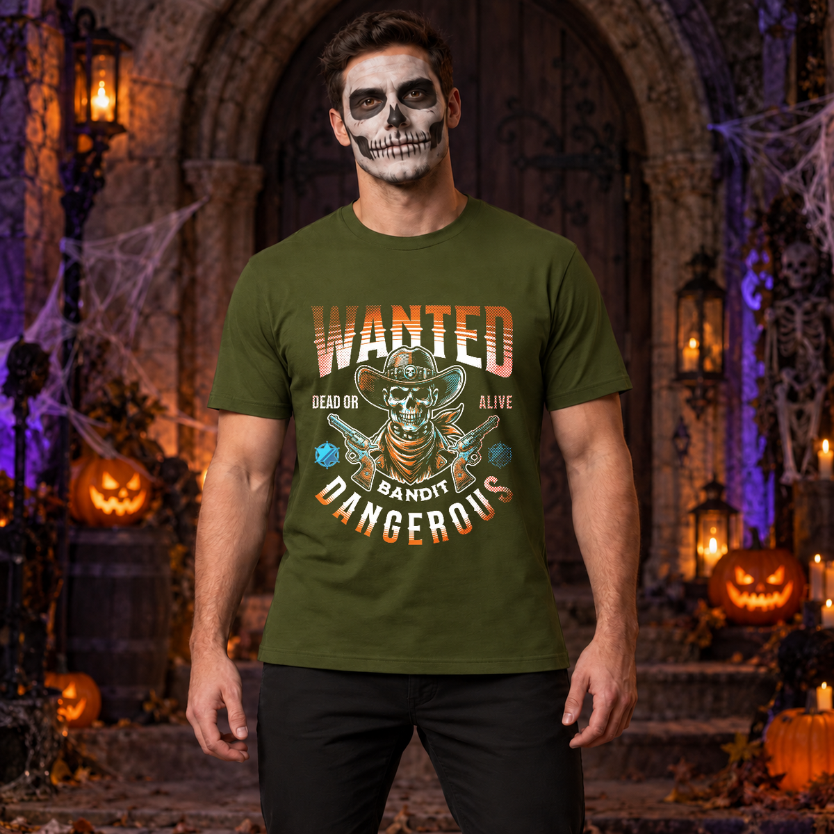 Wanted Bandit Gangerous T-Shirt – Punk Rock Streetwear Graphic Graphic Tee - Color: military green