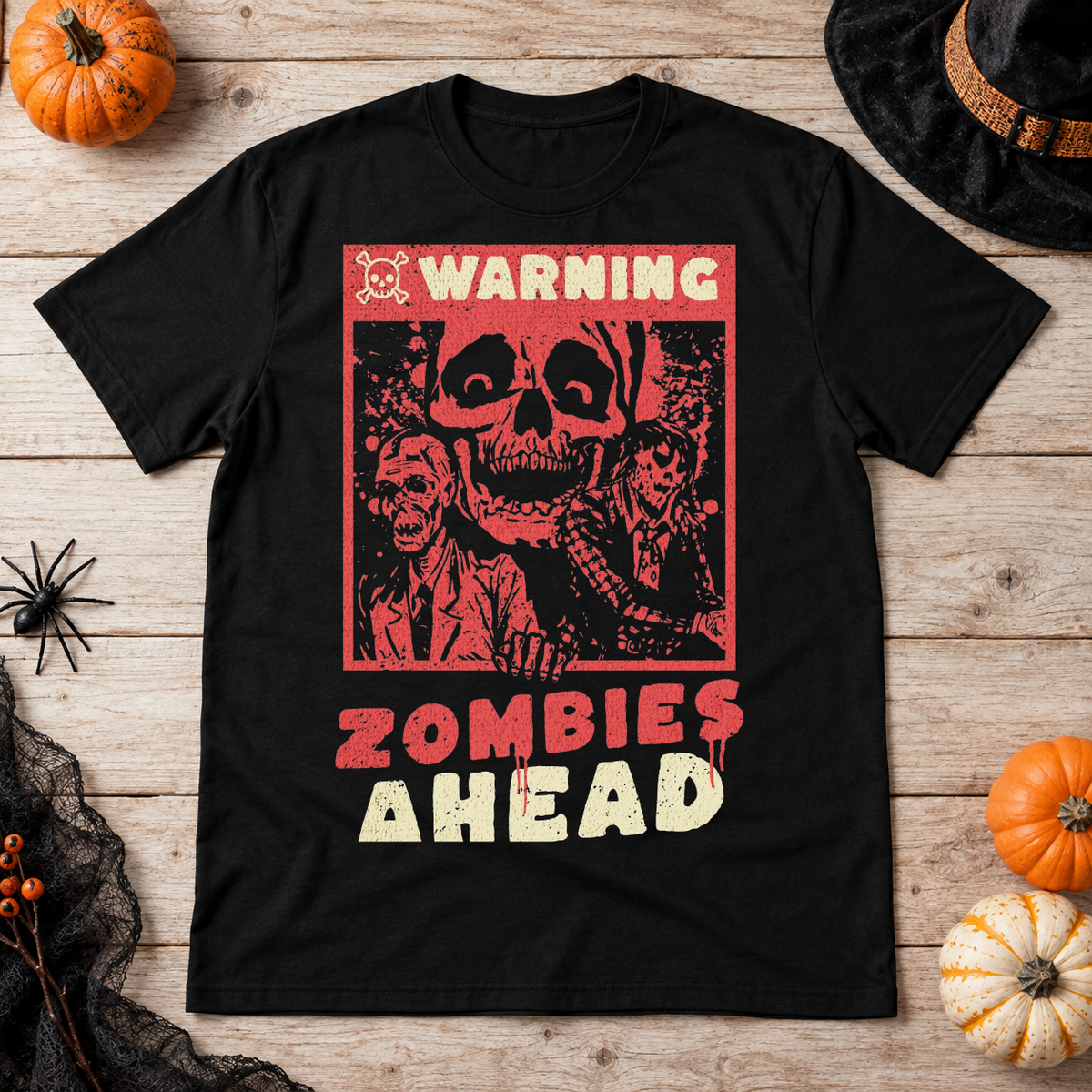 Warning Zombies Ahead T-Shirt – Zombie & Monster Horror Graphic Graphic Tee - Color: black