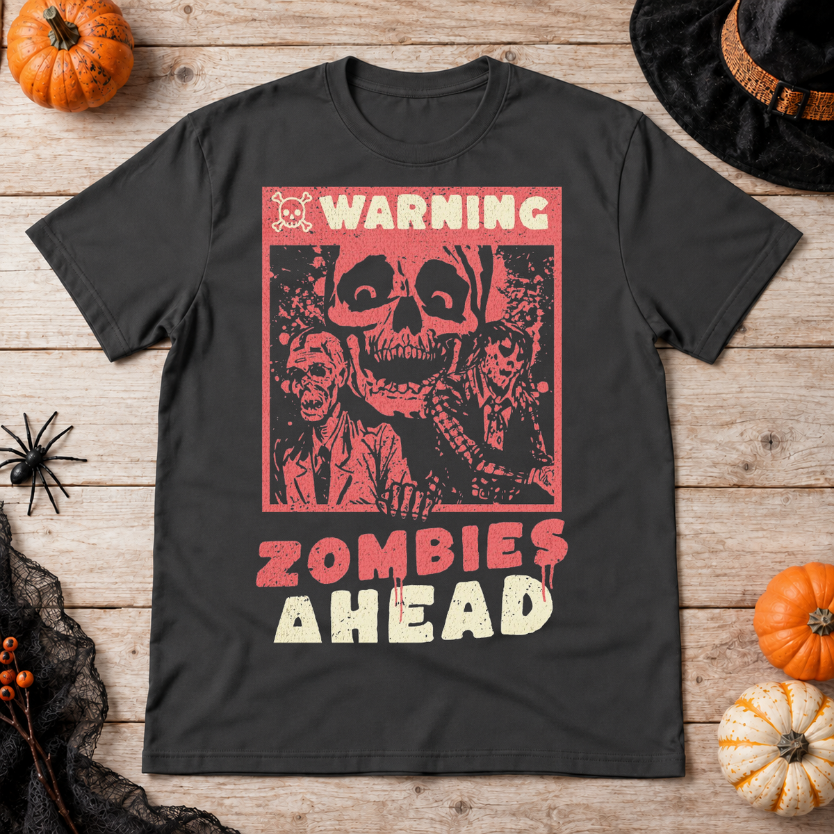 Warning Zombies Ahead T-Shirt – Zombie & Monster Horror Graphic Graphic Tee - Color: charcoal