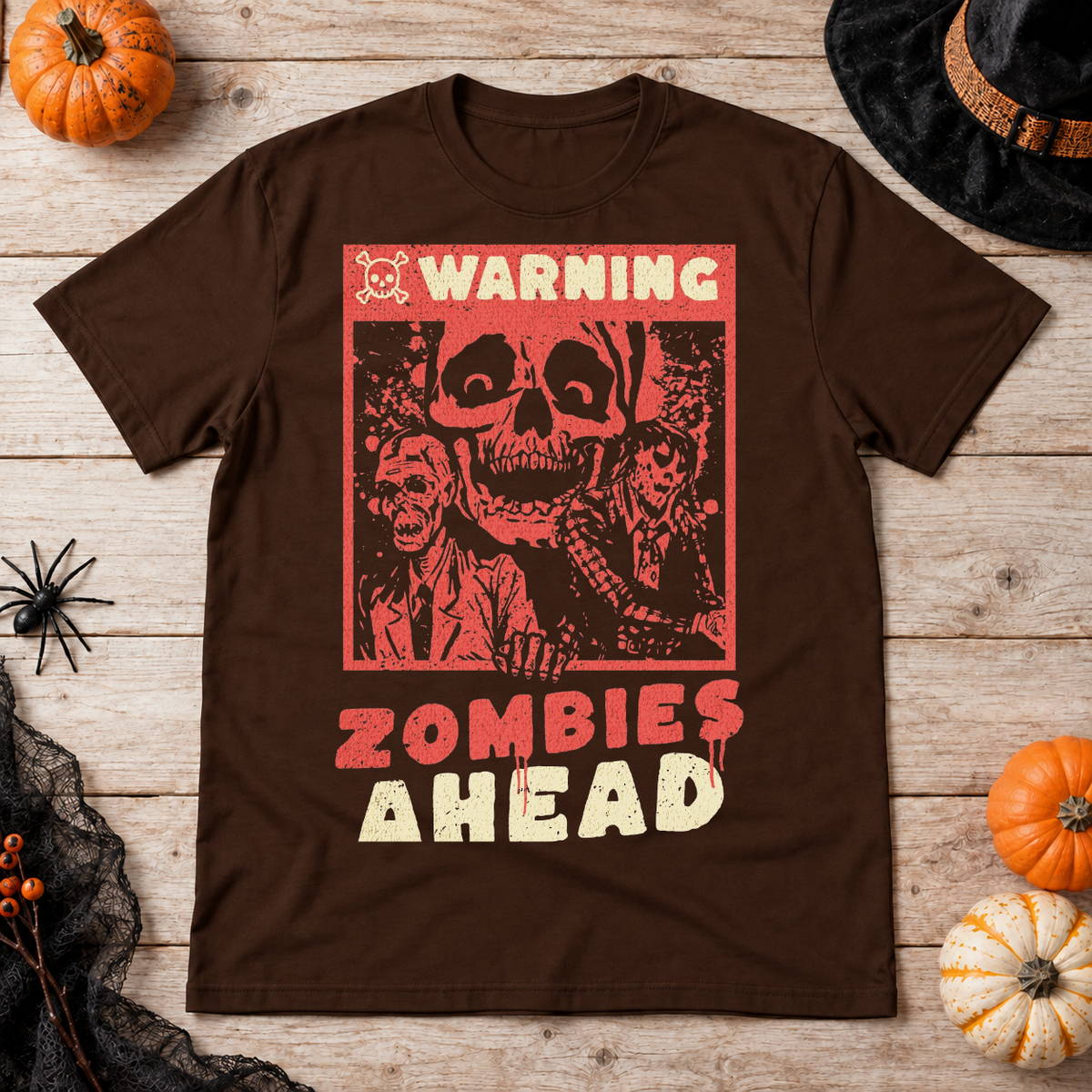 Warning Zombies Ahead T-Shirt – Zombie & Monster Horror Graphic Graphic Tee - Color: chocolate