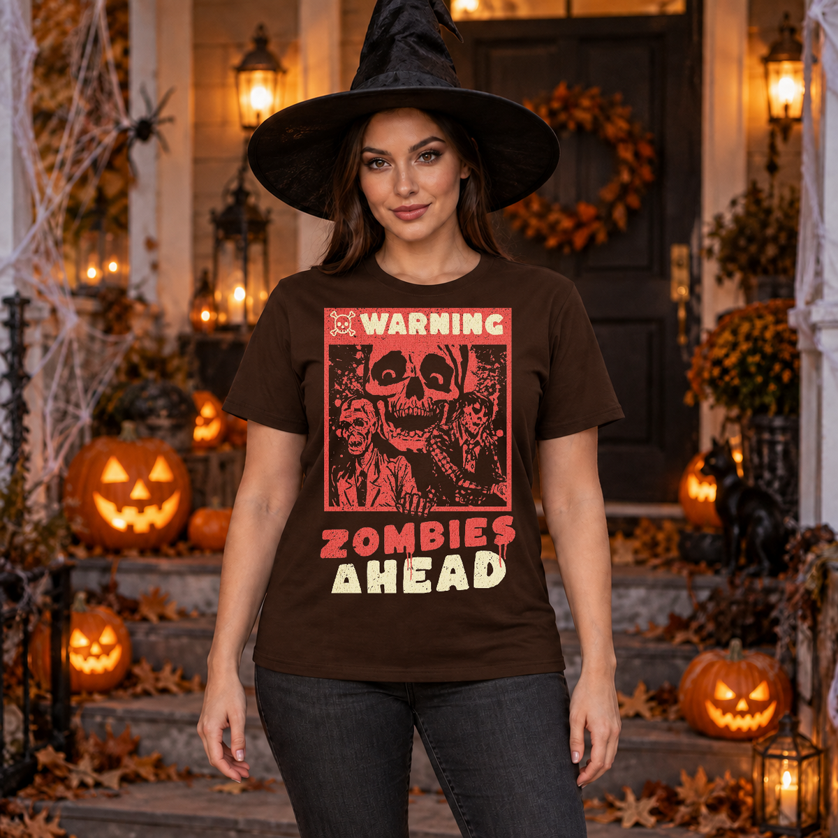 Warning Zombies Ahead T-Shirt – Zombie & Monster Horror Graphic Graphic Tee - Color: chocolate