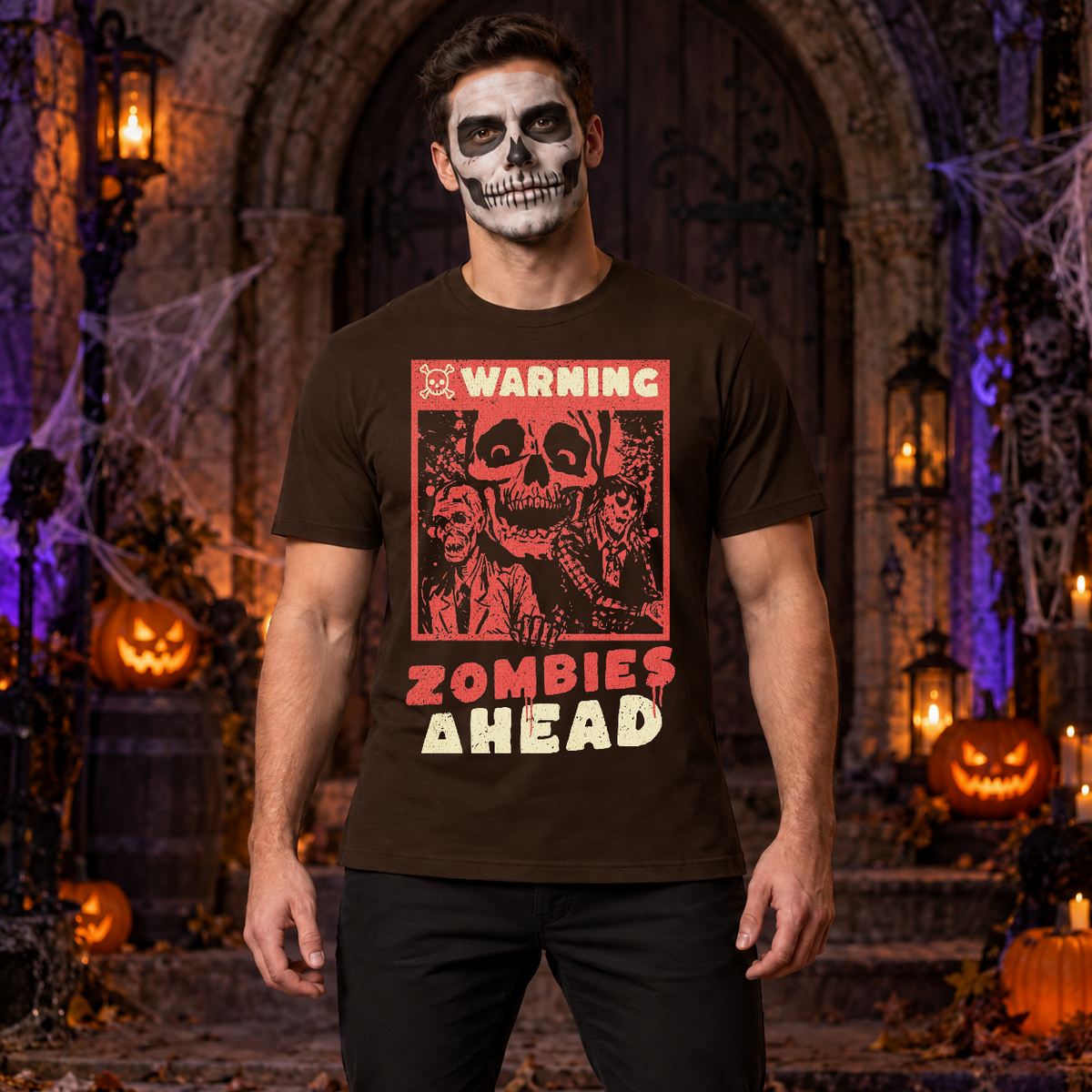 Warning Zombies Ahead T-Shirt – Zombie & Monster Horror Graphic Graphic Tee - Color: chocolate