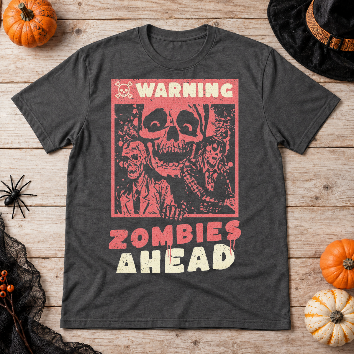 Warning Zombies Ahead T-Shirt – Zombie & Monster Horror Graphic Graphic Tee - Color: dark heather