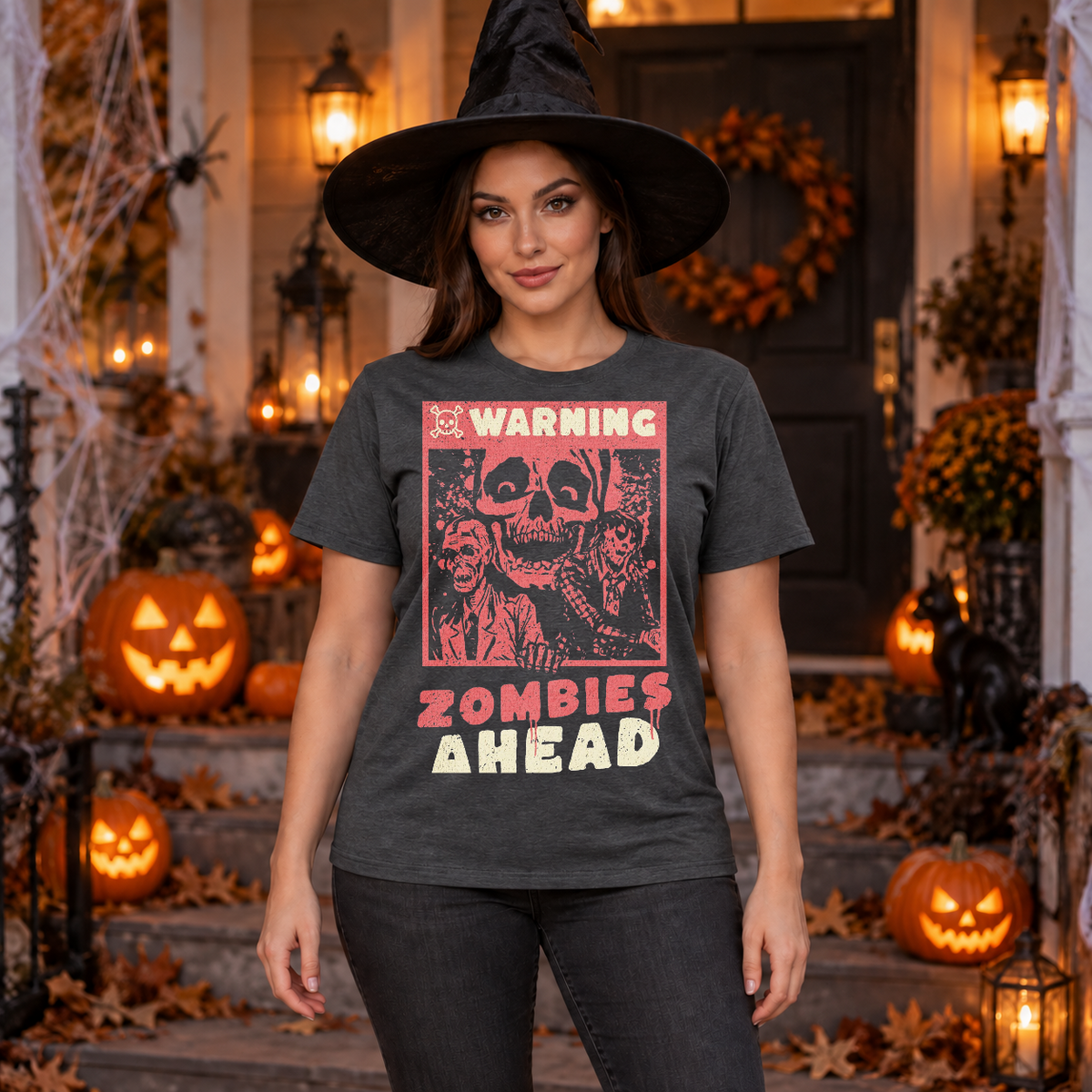 Warning Zombies Ahead T-Shirt – Zombie & Monster Horror Graphic Graphic Tee - Color: dark heather