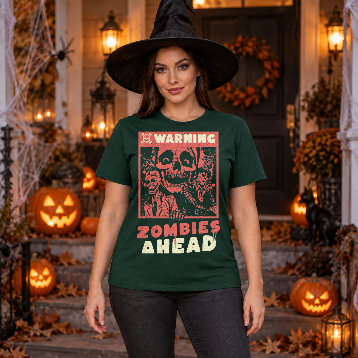 Warning Zombies Ahead T-Shirt – Zombie & Monster Horror Graphic Graphic Tee - Color: forest green