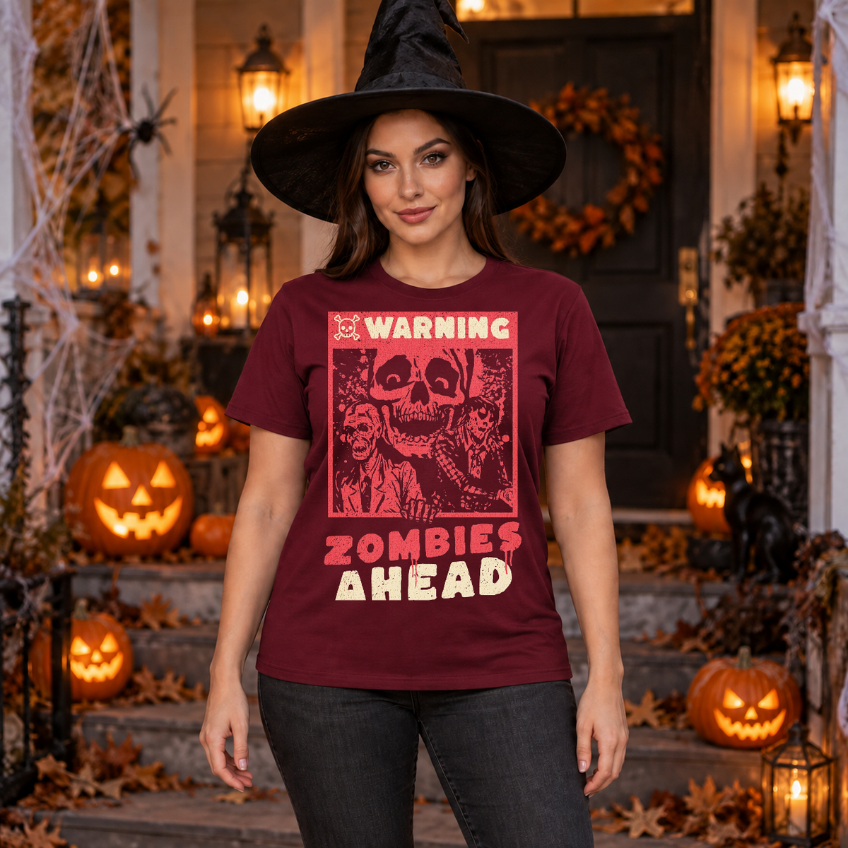 Warning Zombies Ahead T-Shirt – Zombie & Monster Horror Graphic Graphic Tee - Color: maroon
