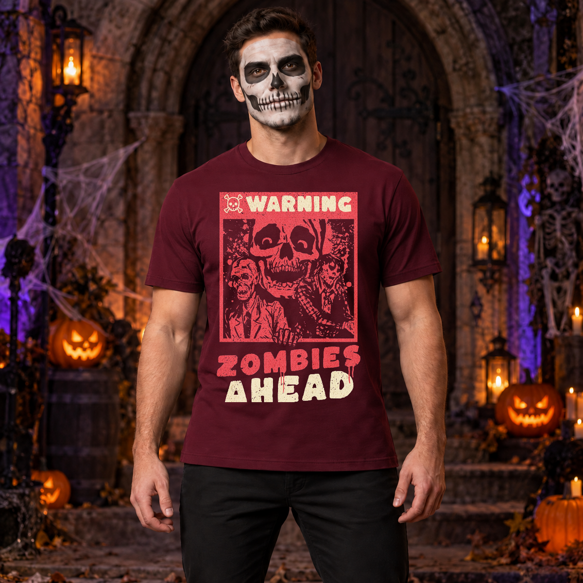 Warning Zombies Ahead T-Shirt – Zombie & Monster Horror Graphic Graphic Tee - Color: maroon