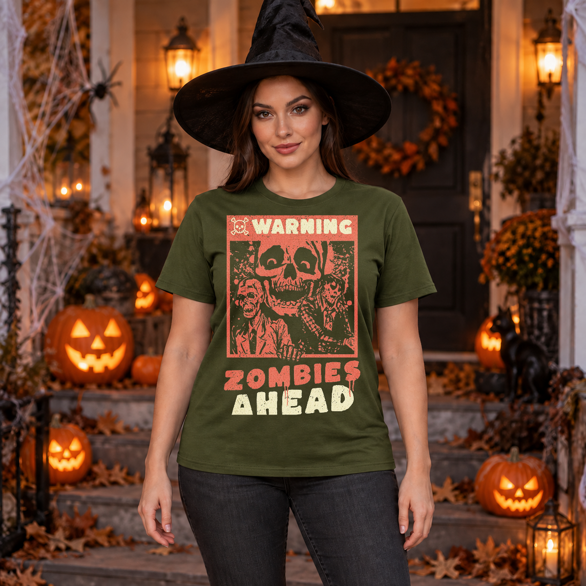Warning Zombies Ahead T-Shirt – Zombie & Monster Horror Graphic Graphic Tee - Color: military green