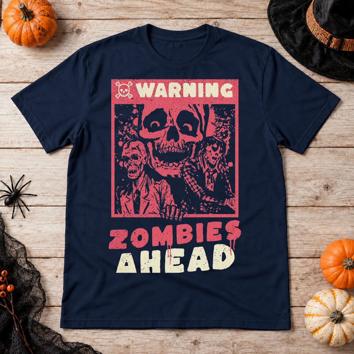 Warning Zombies Ahead T-Shirt – Zombie & Monster Horror Graphic Graphic Tee - Color: navy