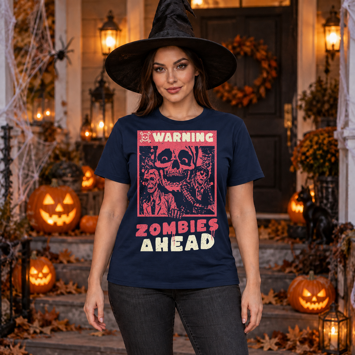 Warning Zombies Ahead T-Shirt – Zombie & Monster Horror Graphic Graphic Tee - Color: navy