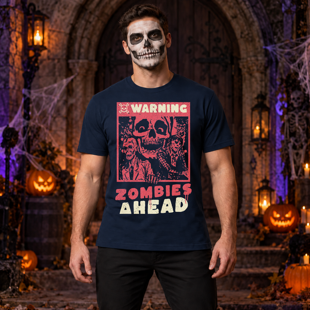 Warning Zombies Ahead T-Shirt – Zombie & Monster Horror Graphic Graphic Tee - Color: navy