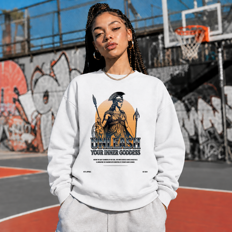 Warrior Goddess Athena Unleash Inner Goddess Sweatshirt – Dark Art / Renaissance Aesthetic Graphic Sweatshirt - Color: ash