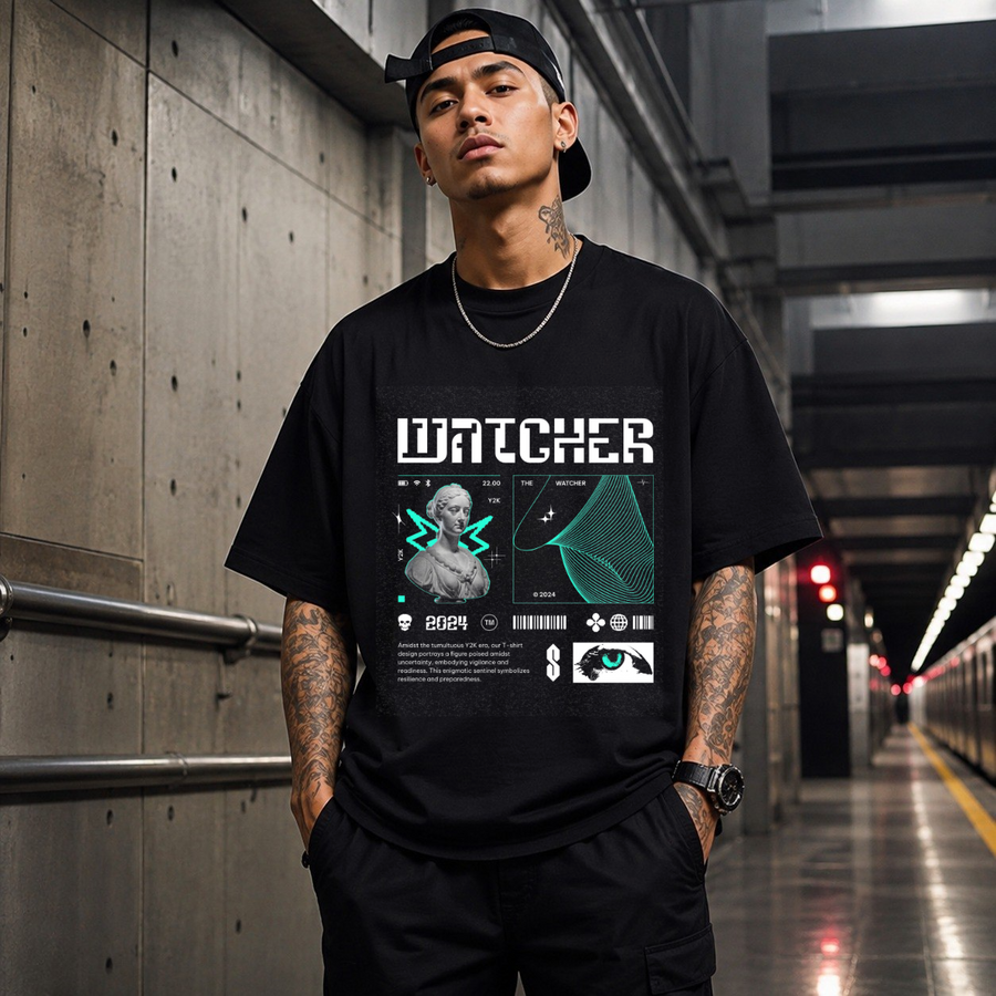 Watcher Bust T-Shirt – Vintage Y2K / Acid Graphic Streetwear Tee - Color: Black