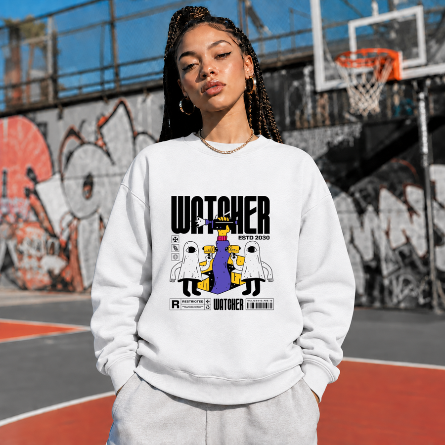 Watcher Pop Art Figures Sweatshirt – Vintage Y2K / Acid Graphic Streetwear Sweatshirt - Color: ash