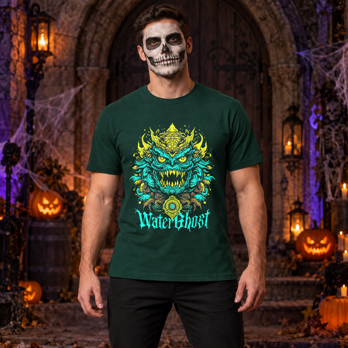Water Ghost T-Shirt – Skull & Reaper Gothic Graphic Graphic Tee - Color: forest green