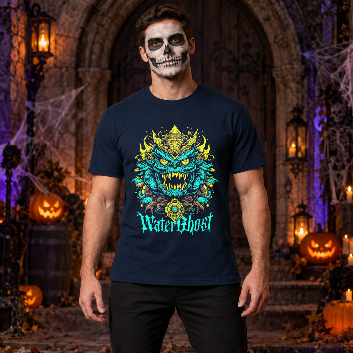 Water Ghost T-Shirt – Skull & Reaper Gothic Graphic Graphic Tee - Color: navy