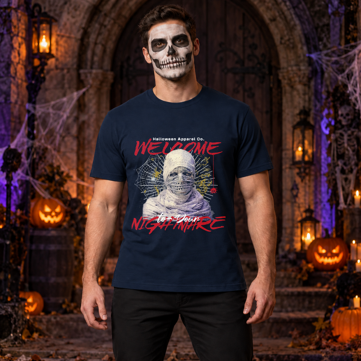 Welcome to your Nightmare T-Shirt – Skull & Reaper Gothic Graphic Graphic Tee - Color: navy