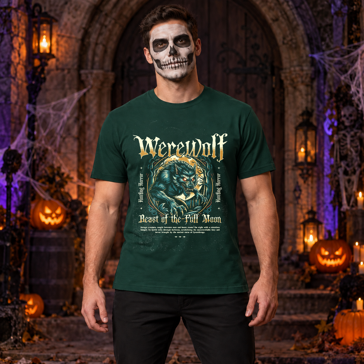 Werewolf T-Shirt – Zombie & Monster Horror Graphic Graphic Tee - Color: forest green