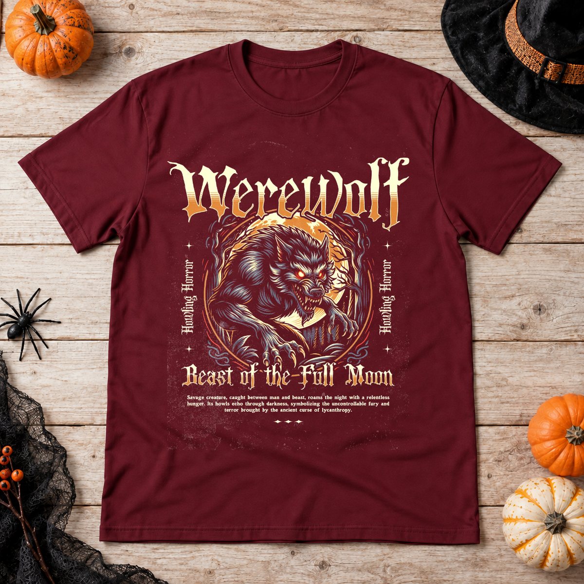 Werewolf T-Shirt – Zombie & Monster Horror Graphic Graphic Tee - Color: maroon